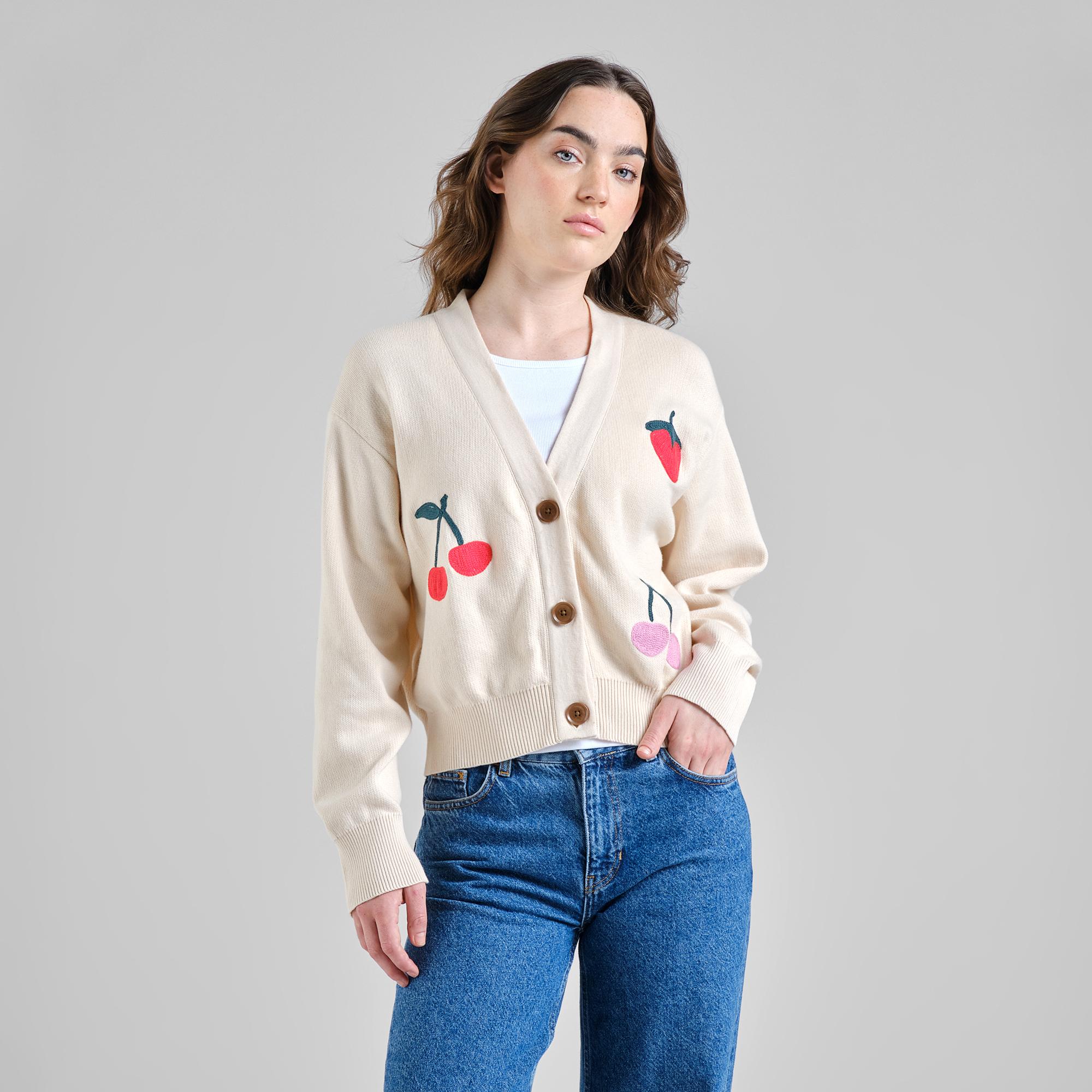 Dedicated Kanan Berries Cardigan  Strickjacke Bio Baumwolle weiß creme